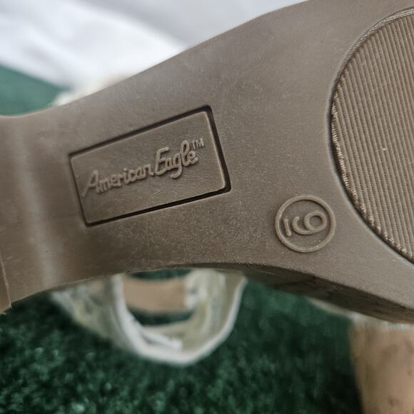 American Eagle Lace Strap Peep Toe Wedge Women’s Shoes Cork Bottom Cream Size 9 - Picture 8 of 9